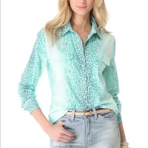 Equipment Aqua Leopard Print Slim Signature Blouse